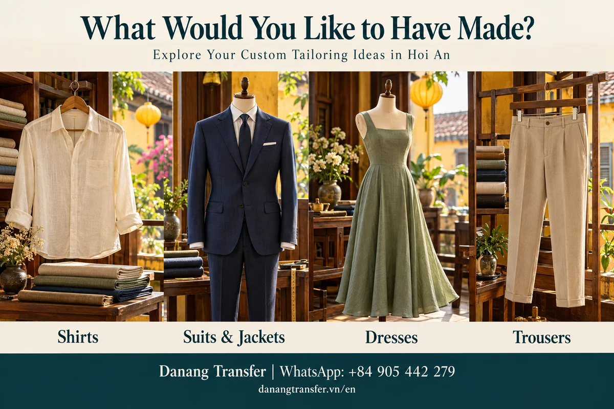 Custom tailoring ideas in Hoi An featuring a linen shirt, navy suit, green dress and beige trousers.