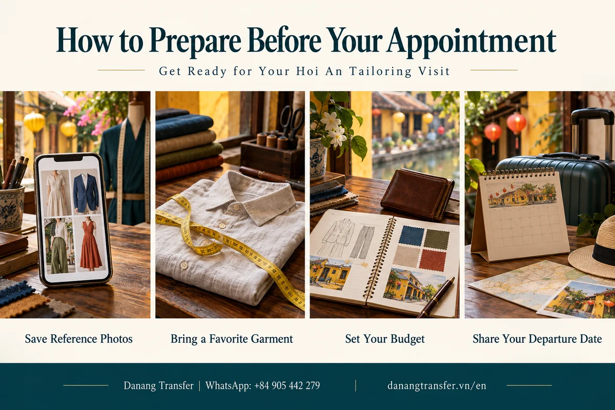 Preparing for a Hoi An tailoring appointment with reference photos, a favorite garment, a budget and departure details.