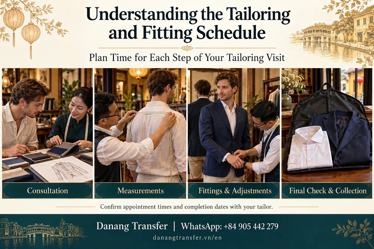 Hoi An tailoring process showing consultation, measurements, fittings, adjustments and final garment collection.