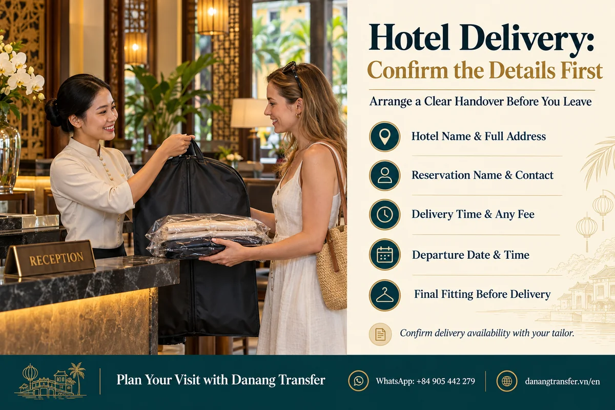 Tailored garments handed to a traveler at hotel reception, alongside a checklist of delivery details to confirm.