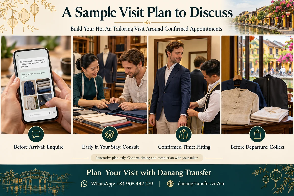 Sample Hoi An tailoring visit plan showing advance enquiry, fabric consultation, garment fitting and collection before departure.
