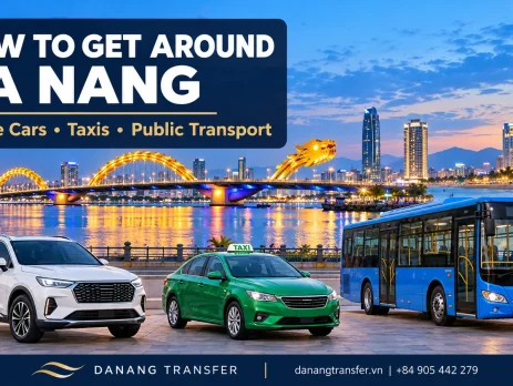 How to get around Da Nang by private car, taxi and public bus, with Dragon Bridge in the background.
