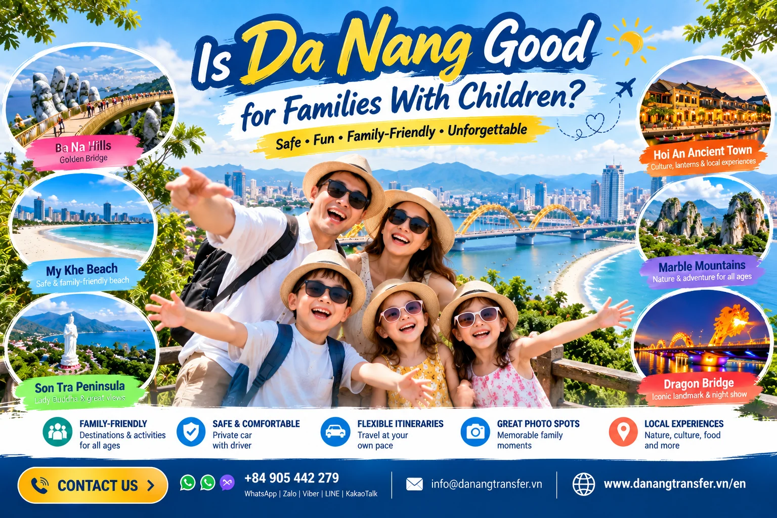 Happy family with three children exploring Da Nang, Vietnam, featuring Ba Na Hills, My Khe Beach, Son Tra Peninsula, Marble Mountains, Dragon Bridge and Hoi An Ancient Town.