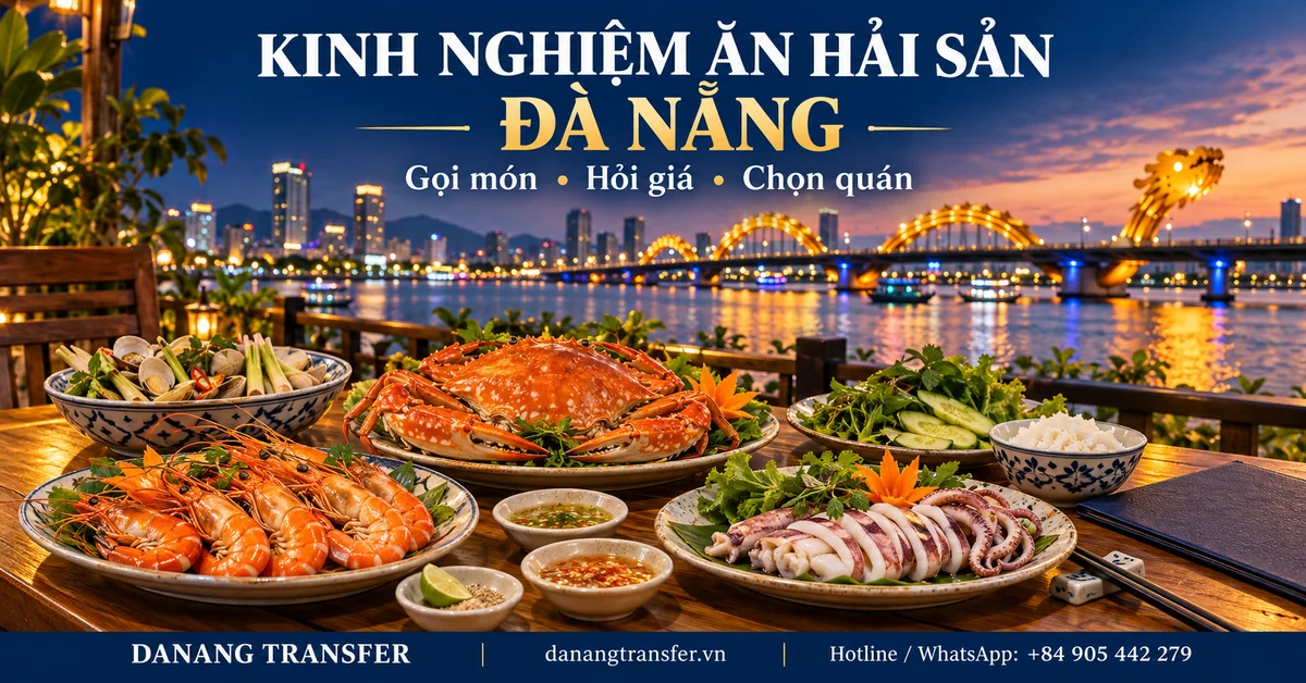 Bàn hải sản gồm ghẹ, tôm, mực và nghêu, phía sau là Cầu Rồng Đà Nẵng lúc lên đèn.