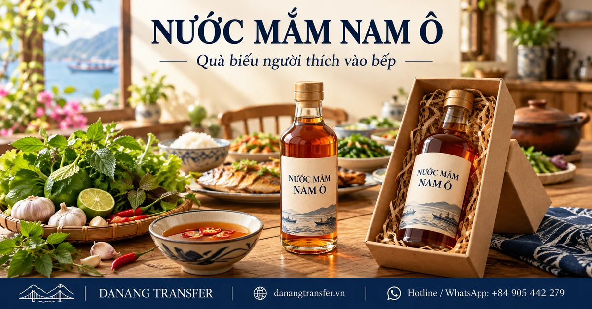 Chai nước mắm Nam Ô và hộp quà bên chén nước chấm, rau thơm trong không gian bếp gia đình.