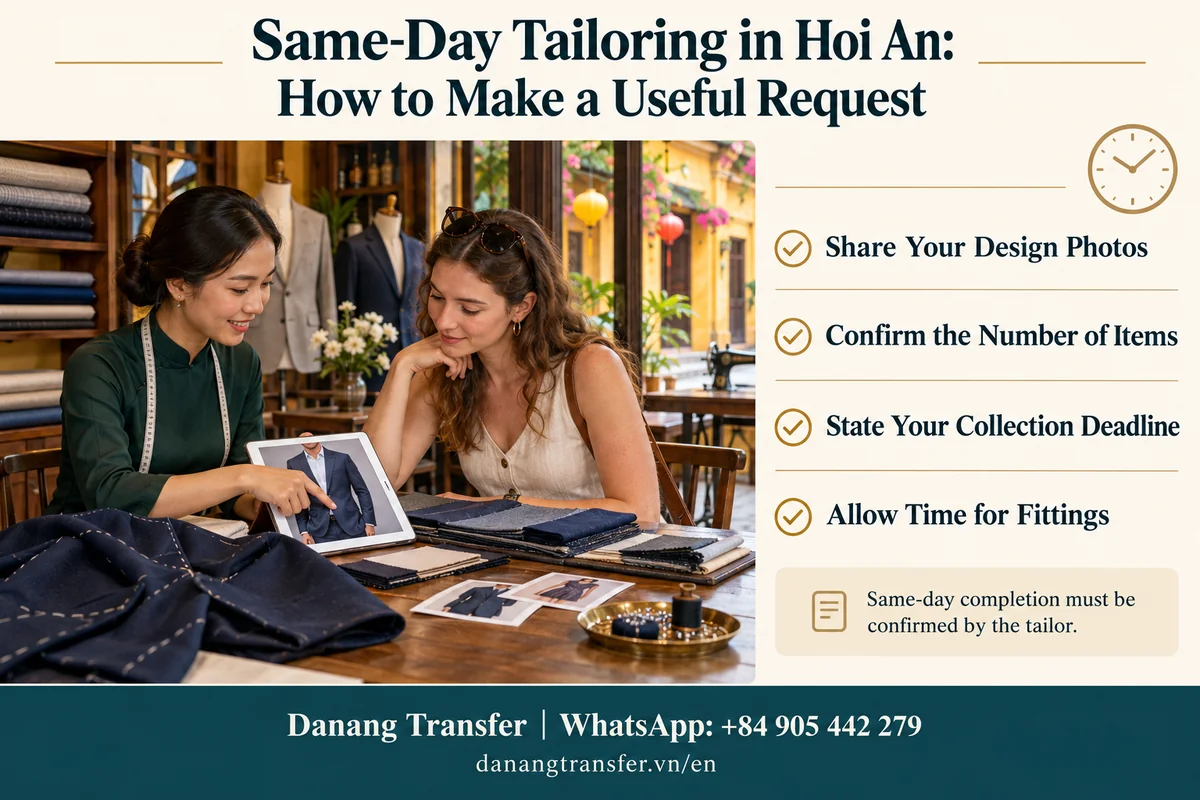 Same-day tailoring request guide in Hoi An covering design photos, item quantities, collection deadlines and fitting time.