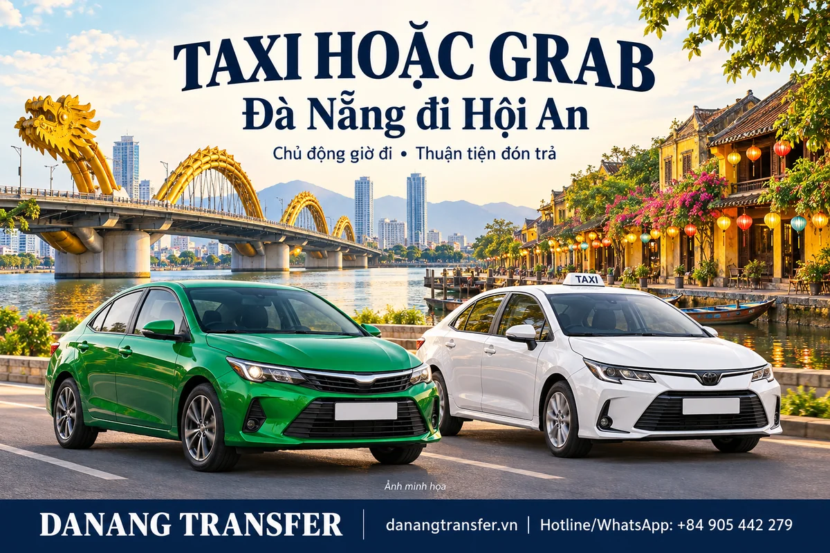 Minh họa taxi trắng và xe công nghệ màu xanh với phông nền Cầu Rồng Đà Nẵng và phố cổ Hội An