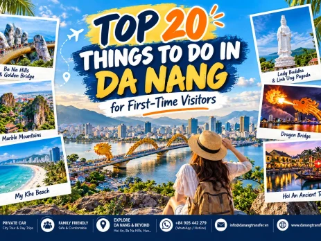 Top 20 things to do in Da Nang for first-time visitors, featuring Golden Bridge, Marble Mountains, My Khe Beach, Lady Buddha and Dragon Bridge