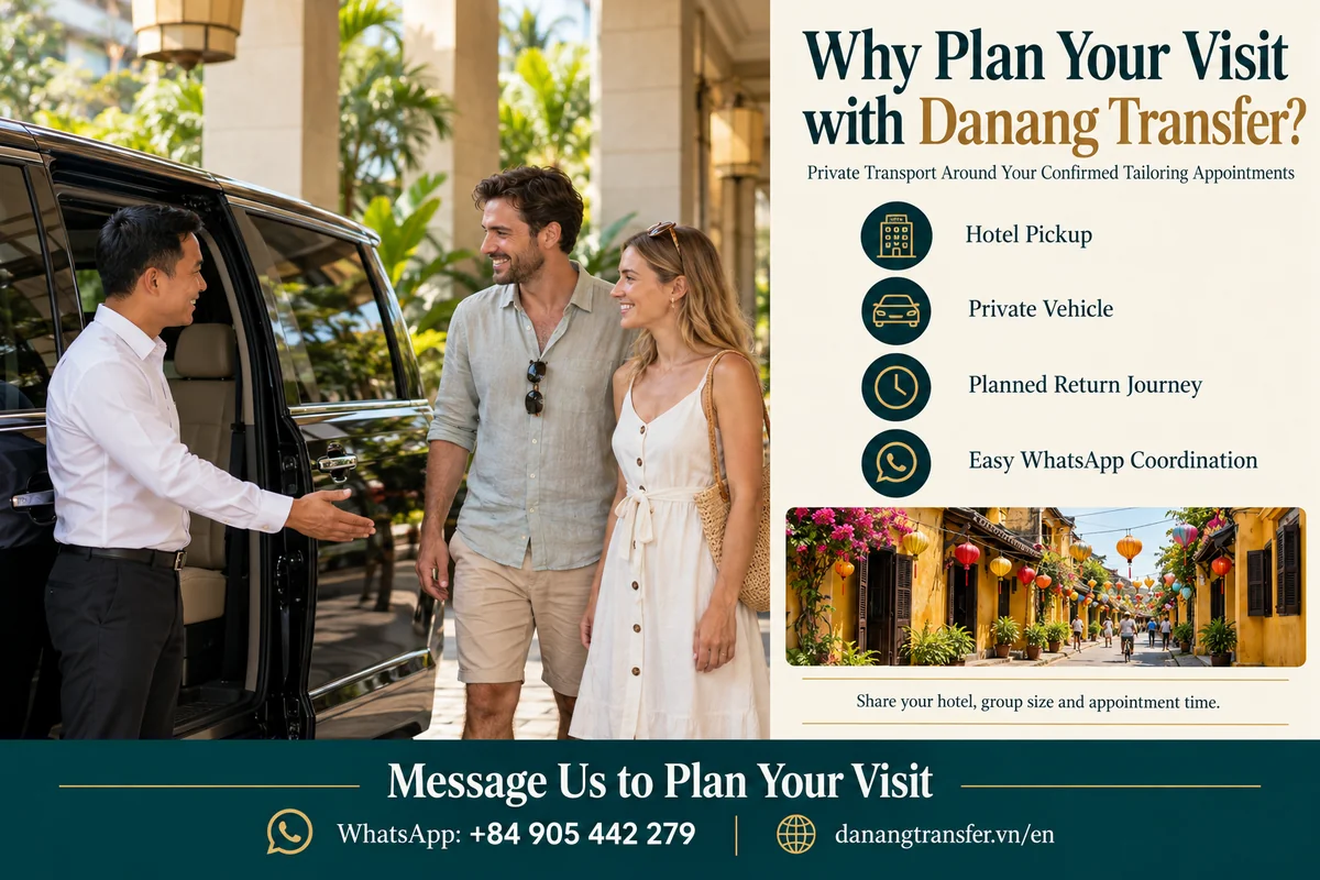 Private driver welcoming travelers beside a vehicle, with Hoi An scenery and transport planning details.