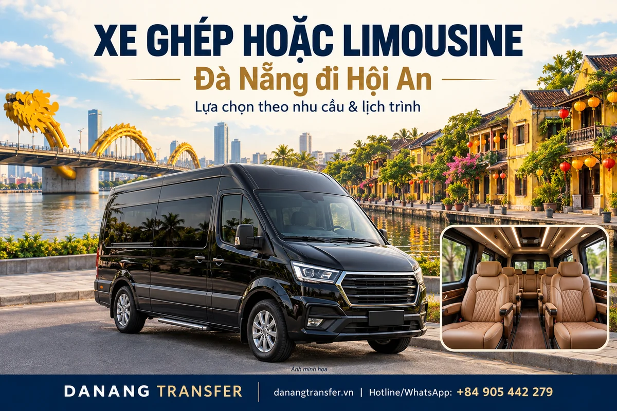 Minh họa xe limousine màu đen và khoang ghế hành khách với phông nền Cầu Rồng Đà Nẵng và phố cổ Hội An